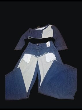 SHEIN Two-Tone Dark Blue & Light Gray Wide Leg Jeans